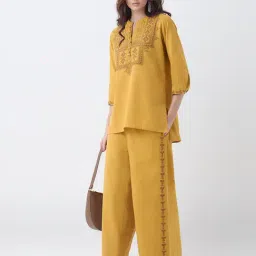 Utsa by Westside Mustard Embroidered Cotton Pants image 3