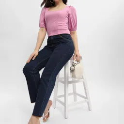 MADAME Pink Cotton Self Design Crop Top image 4