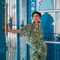 Khajoor Studio Fern Green Bageecha Botanical Vine Resort Shirt with Pant image 4