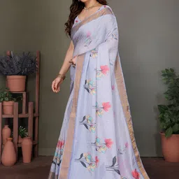 vj fashion Floral Zari Linen Blend Saree image 4