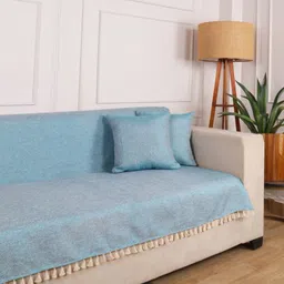 STITCHNEST Turquoise Blue Jute 3 Seater Sofa Cover-image-3