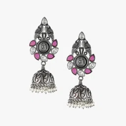 Sangria Silver-Plated Artificial Stone-Studded Oxidised Earrings image 2