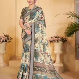 Garden Vareli Ethnic Motifs Printed Zari Pure Linen Saree image 1