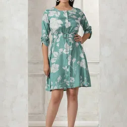 KALINI Women Green Printed Silk Fit and Flare Dresses-picture-24