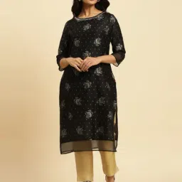 W Jet Black Floral Print Straight Kurta-picture-35