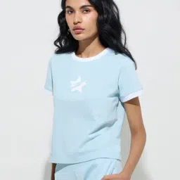 studiofit women Studiofit by Westside Light Blue Printed Cotton T-Shirt-picture-16