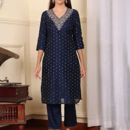 W Blue Embroidered Straight Kurta-image-44