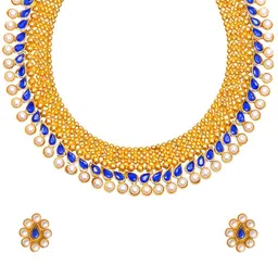 Crunchy Fashion Blue & Off-White Gold-Plated Stone-Studded & Beaded Jewellery Set image 3