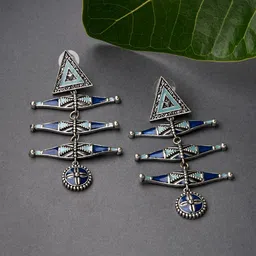 Fida Silver-Plated & Green Geometric Drop Earrings image 2