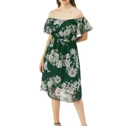 Moomaya Green & White Floral Print Fit & Flare Dress-image-56
