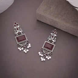 Anouk Silver Plated Artificial Stones studded & Pearls Beaded Oxidized Drop Earrings image 5