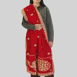 HAUTEMODA Peacock Motif Embroidered Thread Work Velvet Dupatta image 5