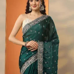 Libas Green Embroidered Saree With Unstitched Blouse image 5