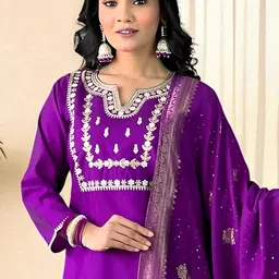 SHADOW & SAINING Women Embroidered Sequinned Pure Cotton Kurta with Trousers & Dupatta image 5