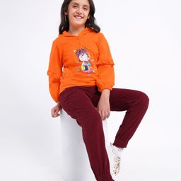 ollington st. Ollington St Full Sleeves Winter Wear Hooded Sweatshirt & Joggers Set Girl Print With Graphics- Orange Maroon-picture-23
