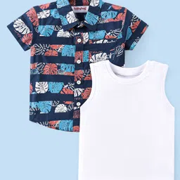 Babyhug 100% Cotton Knit Half Sleeve Shirt With T-Shirt Tropical Print - Blue & White-picture-13