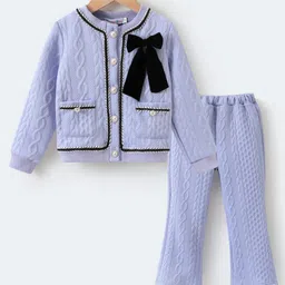 Kookie Kids Full Sleeves Co-Ord Suit with Cable Knit Design Pockets & Bow Applique - Lavender-picture-24