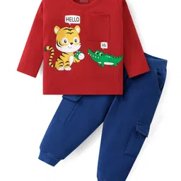 Babyhug Cotton Knit Full Sleeves T-Shirt & Lounge Pants Set With Animals Print - Red & Blue-picture-13