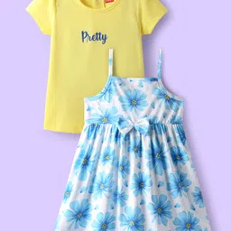 Babyhug 100% Cotton Half Sleeves Inner Tee With Floral Printed & Bow Applique Frock - Light Blue & Yellow-picture-23