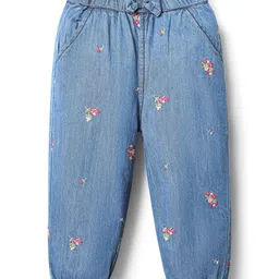Babyhug Full Length Denim Jeans with Stretch Bow Applique & Floral Embroidery - Blue-image-65