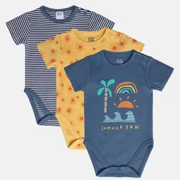 MINI KLUB Cotton Pack Of 3 Half Sleeves Striped & Sun Printed Onesies - Yellow & Blue-picture-26