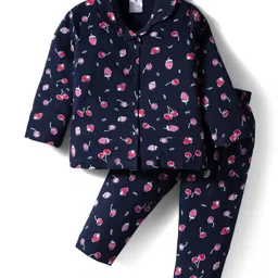 Smarty Girls 100% Cotton Knit Full Sleeves Co-Ord Night Suit With Fruits Print - Blue-image-97