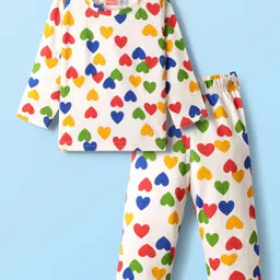 Babyhug Cotton Knit Full Sleeves Co-ords Night Suit with Heart Print - White-picture-11