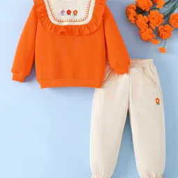 Mark & Mia Full Sleeves Winter Wear T-Shirt & Joggers Set with Floral Embroidery & Frill Detailing - Orange & Beige-picture-21