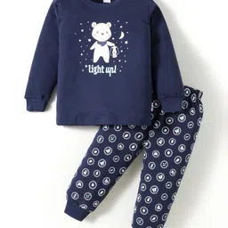 Teddy Interlock Knit Full Sleeves Night Suit With Animal Print - Navy Blue-picture-32