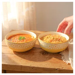 VOIDROP Ceramic Deep Bowl Set of 2 Moroccan Golden Finish Multipurpose Pasta, Salad, Snacks & More | Multipurpose Serving Bowl Ceramic Set, 1500 ML-image-5