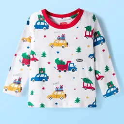 Babyhug Cotton Knit Full Sleeves Co-ords Night Suit With Vehicle Print - White image 2