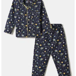 Desi Soota Cotton Knit Full Sleeves Space Theme Printed Coordinating Night Suit Set - Navy Blue image 3