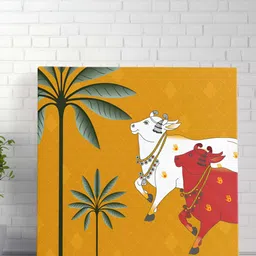 Myntra Elegant Homes Mustard & Green Pichwai Cow Canvas Wall Art image 2