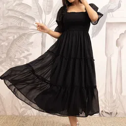 Polago Clothing Women Georgette Smocked Detail Fit & Flare Tiered Midi Dress-picture-34