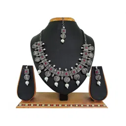 Anouk Oxidized Silver-Plated Artificial Stone-Studded & Beaded Jewellery Set With Maangtik-picture-23