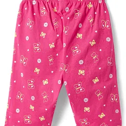 Babyhug Cotton Knit Half Sleeves Capri Night Suit with Butterfly & Smile Text Print - Yellow & Dark Pink image 5