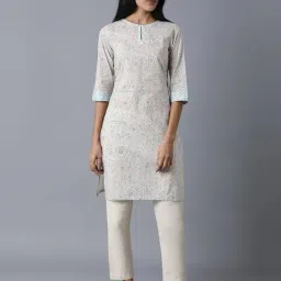 W Ecru Cotton Printed Straight Kurta-image-8