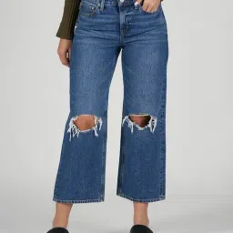 American Eagle Outfitters Blue Cotton Distressed 90s Wide Leg Crop Jeans-image-21