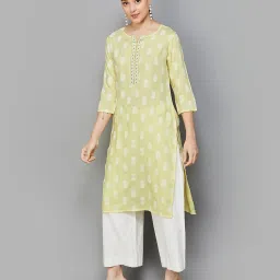 Melange by Lifestyle Yellow & White Rayon Embellished Kurta image 4