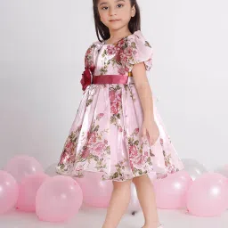 Ministitch Girls Peach Regular Fit Floral Print Party Dress image 4