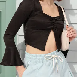 DressBerry Fusion & Finesse Bell Sleeve Textured Front-Slit Crop Top-picture-38