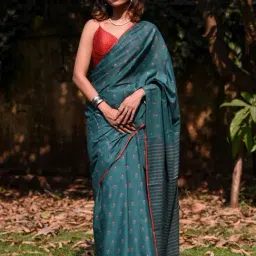Suta Teal Blue Cotton Floral Print Saree Without Blouse-image-3