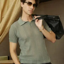 Campus Sutra Grey Regular Fit Self Pattern Polo T-Shirt-picture-15