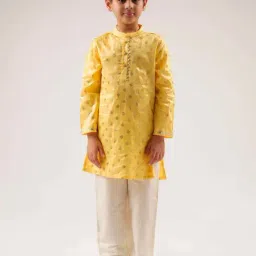 Lil Drama Kids Yellow & White Cotton Embroidered Full Sleeves Kurta Set-image-31