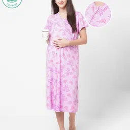 ECOMAMA Organic Cotton & Bamboo Antimicrobial Half Sleeves Maternity Nighty Floral Print - Purple-picture-22