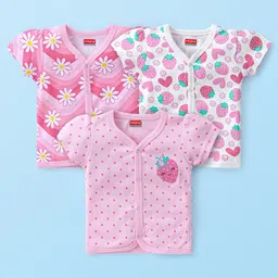 Babyhug 100% Cotton Knit Interlock Front Open Half Sleeves Vest With Floral & Strawberry Print Pack Of 3 - Pink & White-picture-22