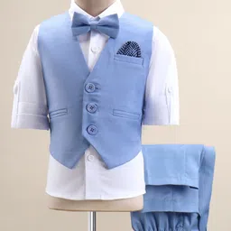 Robo Fry Cotton Full Sleeves Three Piece Solid Party Suit with Bow - Sky Blue-picture-20