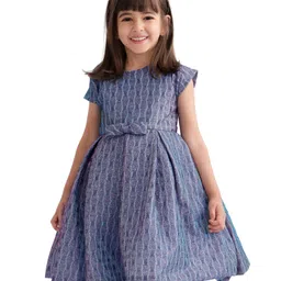 Babyhug Cap Sleeves Fit & Flare Pleated ShimmeredParty Frock with Bow Applique - Grey-image-2