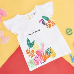 Pantaloons Baby Cap Sleeves Jungle Theme Bird & Elephant Printed Tee - Off White-image-22