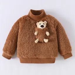 Kookie Kids Full Sleeves Winter T-Shirt with 3D Bear Applique - Brown-picture-17